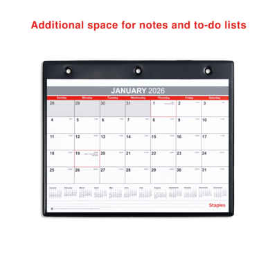 2026 Staples 11" x 8" Monthly Wall Calendar, White/Red/Gray (ST12949-26)