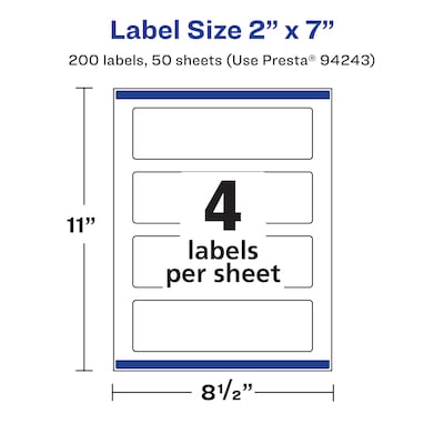 Avery Laser/Inkjet Rectangle Waterproof Multipurpose Labels, 7"  x 2", White, 200/Box (94243)