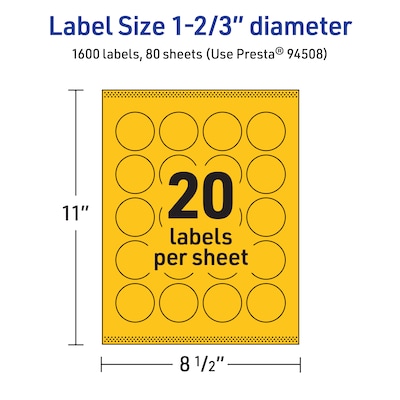 Avery Round Laser/Inkjet Multipurpose Labels, 1-2/3" Dia, Bright Yellow (1600/Box)