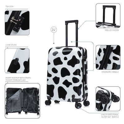 InUSA Prints 24" Hardside Suitcase, 4-Wheeled Spinner, TSA Checkpoint Friendly, Cow Animal Print (IUAPC00M-COW)