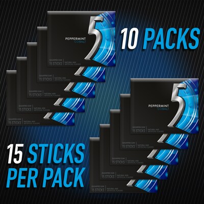 5 GUM Sugar Free Peppermint Cobalt Gum, 15 Sticks/Pack, 10 Packs/Box (WMW51220)