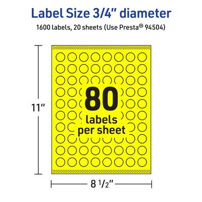 Avery Laser/Inkjet Multipurpose Circle Labels, 0.75" Dia., Neon Yellow, 1600/Pack (94504)