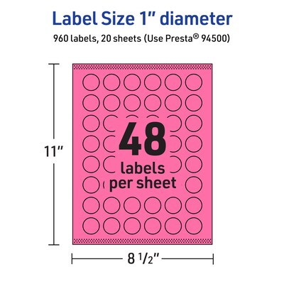 Avery Laser/Inkjet Round Multipurpose Labels, 1" Dia., Bright Pink, 960/Pack (94500)