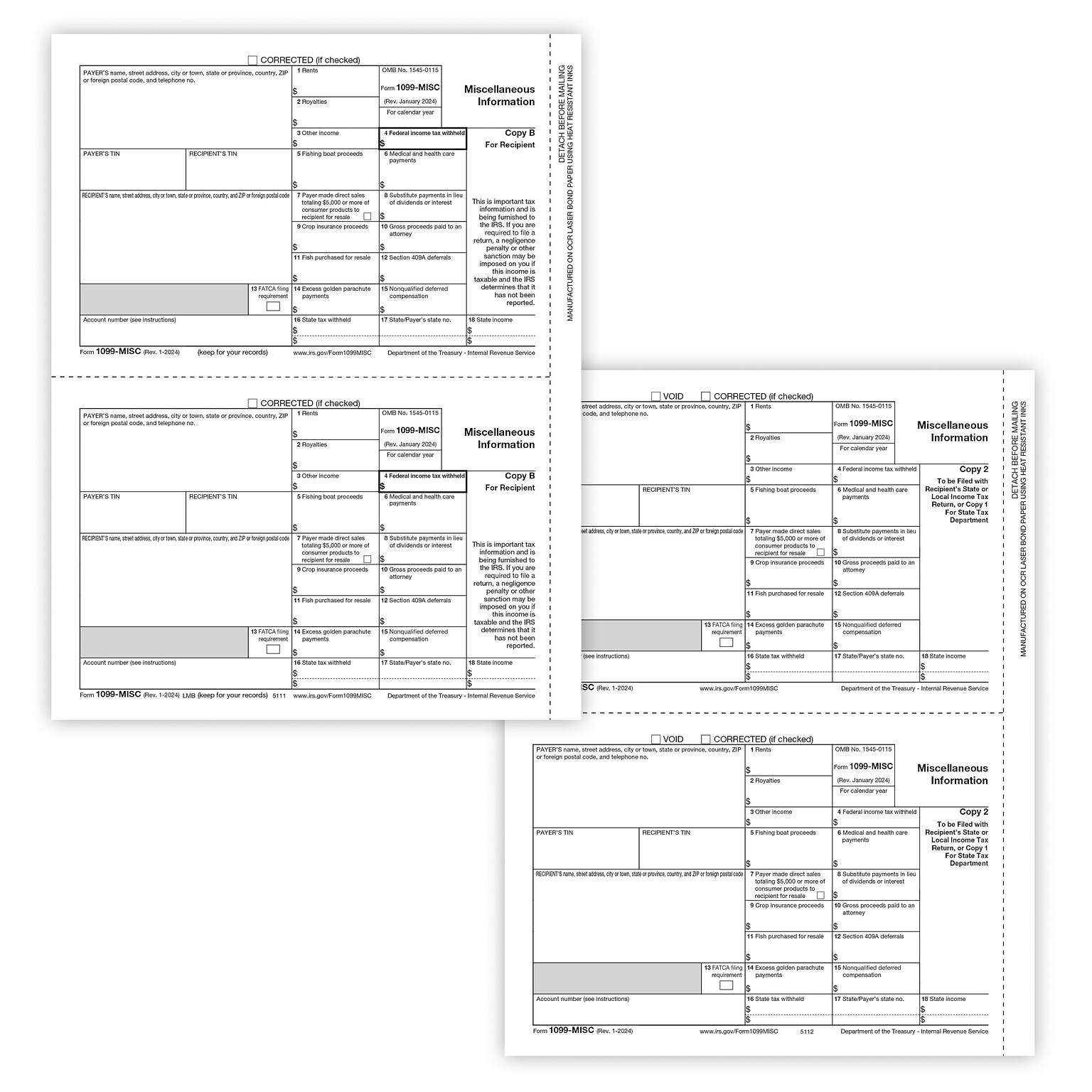 ComplyRight 2024 1099-MISC Tax Form Recipient Copy Only, 3-Part, 2-Up, Copy B, C/2, 25/Pack (611325)