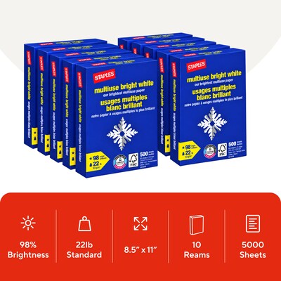Staples 8.5-Inch x 11-Inch Multipurpose Paper 22 lbs 98 Brightness 500/RM 10 RM/CT