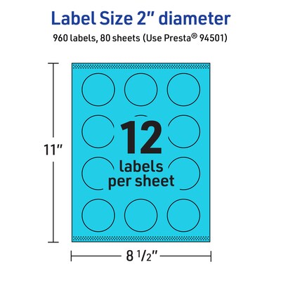 Avery Laser/Inkjet Multipurpose Circle Labels, 2" Dia., Bright Blue, 960/Box (94501)