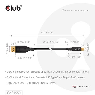 Club 3D 3.28' USB C to DisplayPort Audio/Video Cable, Male to Male, Black (CAC-1559)