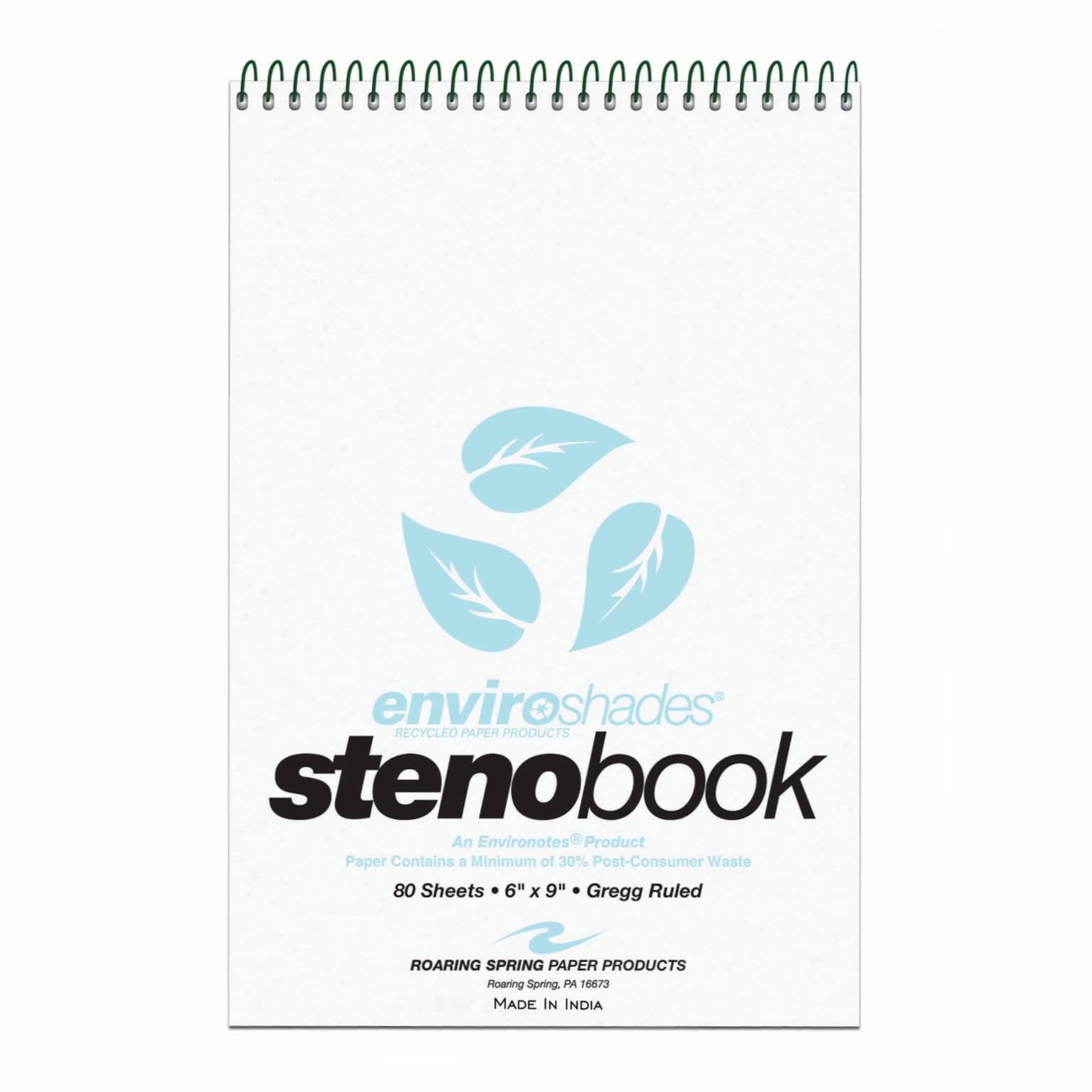 Roaring Spring Paper Products Enviroshades Steno Pad, 6 x 9, Gregg Ruled, Blue, 80 Sheets/Pad, 4 Pads/Pack (ROA12284)
