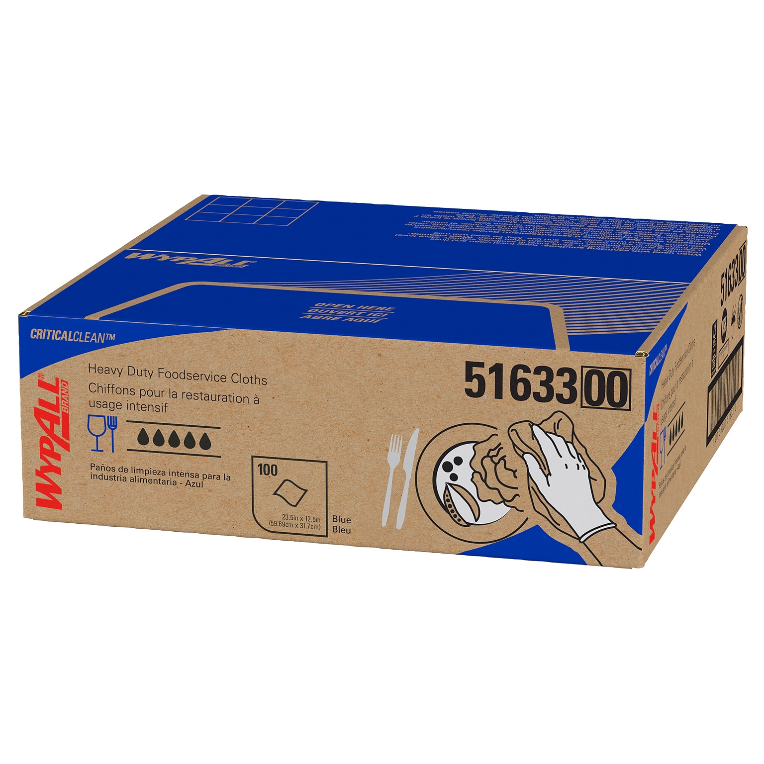 WypAll CriticalClean Heavy Duty Foodservice Wipers, Blue, 100 Sheets/Box (51633)