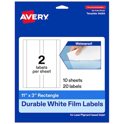 Avery Laser/Inkjet Rectangle Waterproof Multipurpose Labels, 3  x 11, White, 20/Pack (94265)
