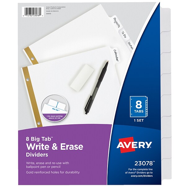 Avery Big Tab Write & Erase Dividers, 8-Tab, White (23078)