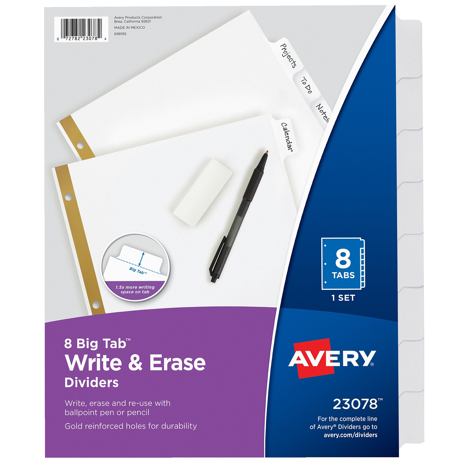 Avery Big Tab Write & Erase Paper Dividers, 8 Tabs, White, Gold Reinforced (23078)