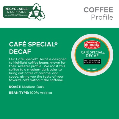 Community Coffee Cafe Special Decaf Coffee, Keurig K-Cup Pod, Medium-Dark Roast, 96/Carton (5000374327CT)
