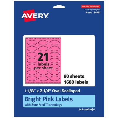 Avery Oval Scalloped Laser/Inkjet Multipurpose Labels, 1-1/8 x 2-1/4, Bright Pink (1680/Box)