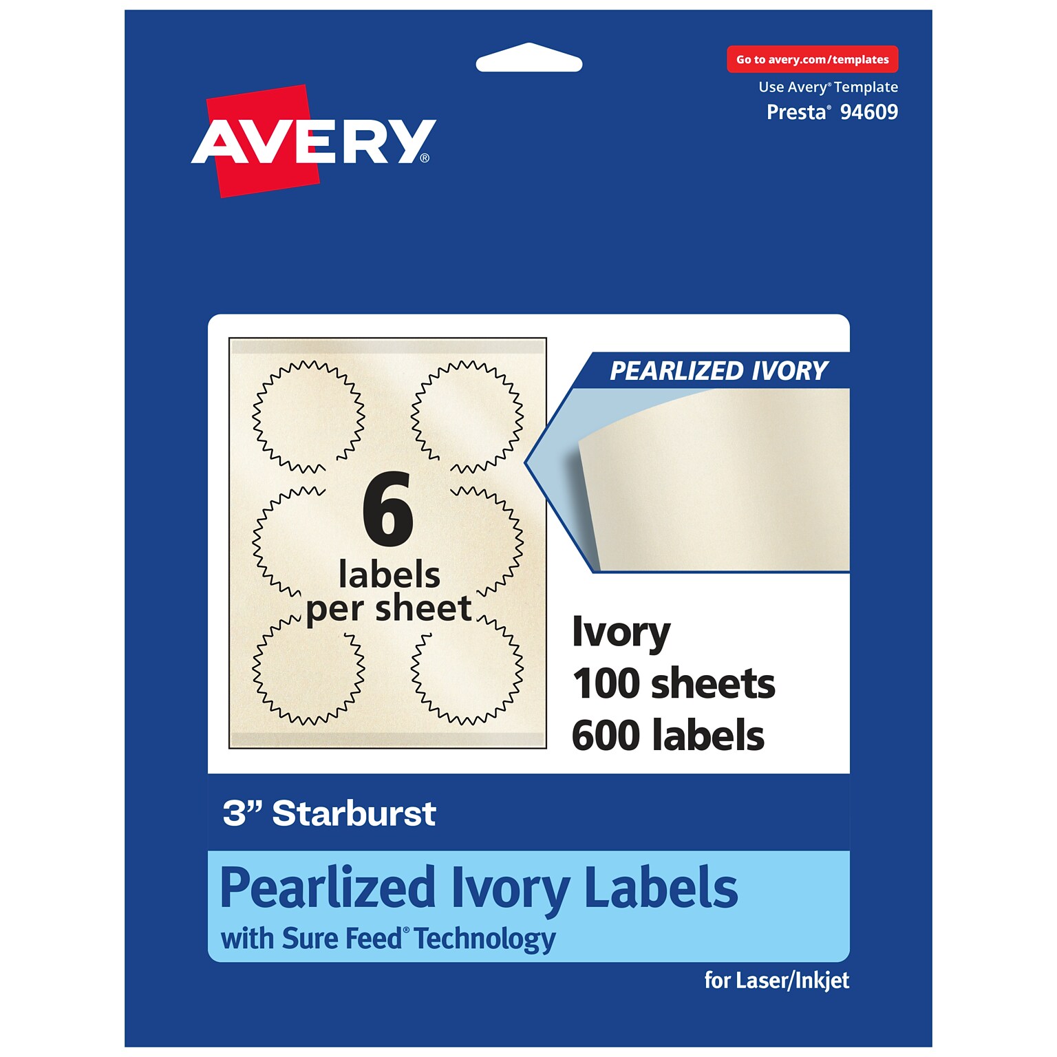 Avery Pearlized Ivory Burst Multipurpose Labels, 3, Ivory, 600/Box (94609)