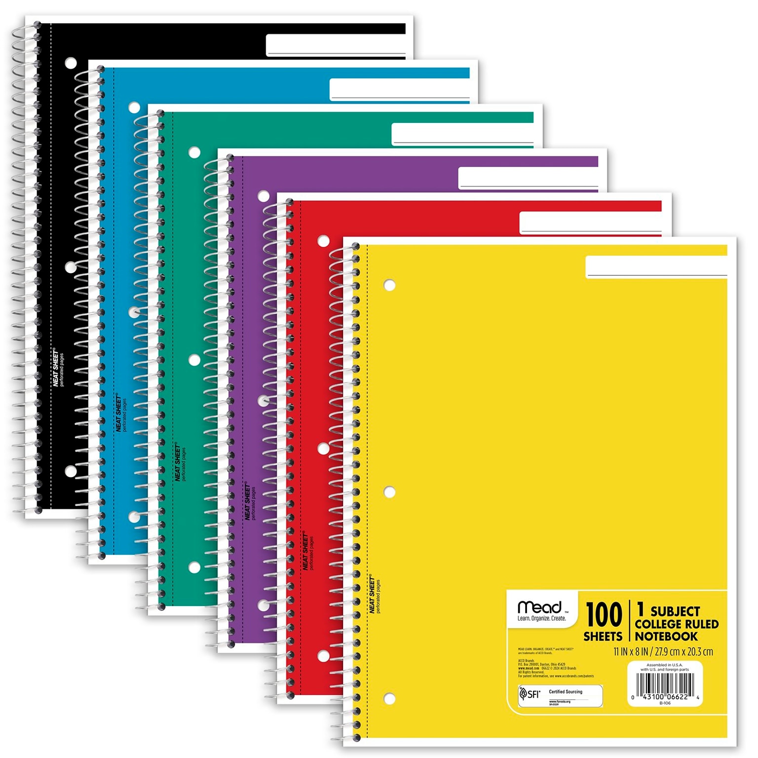 Mead 1-Subject Notebooks, 8 x 11, College Ruled, 100 Sheets, Color chosen at random (6622)