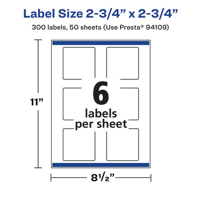 Avery Laser/Inkjet Square Waterproof Multipurpose Labels, 2.75"  x 2.75", White, 300/Box (94109)