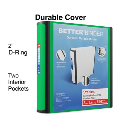 Staples® Better 2 3 Ring View Binder with D-Rings, Green (19937)