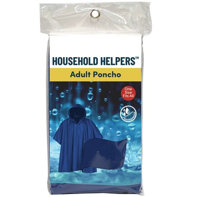 Household Helpers Adult Rain Poncho with Hood, One Size Fits All, Blue, 6/Pack, 12 Packs/Carton (16630)