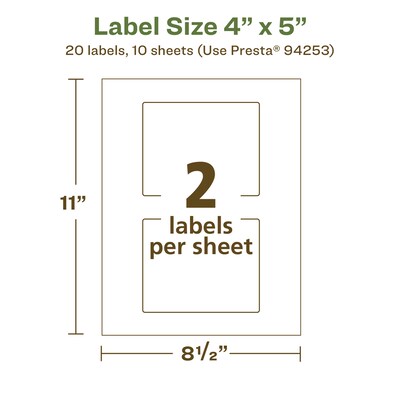 Avery EcoFriendly Laser/Inkjet Rectangle Multipurpose Labels, 4" x 5", White, 20/Pack (94253)