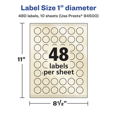 Avery Laser/Inkjet Round Multipurpose Labels, 1" Dia., Ivory, 480 Labels/Pack (94500)
