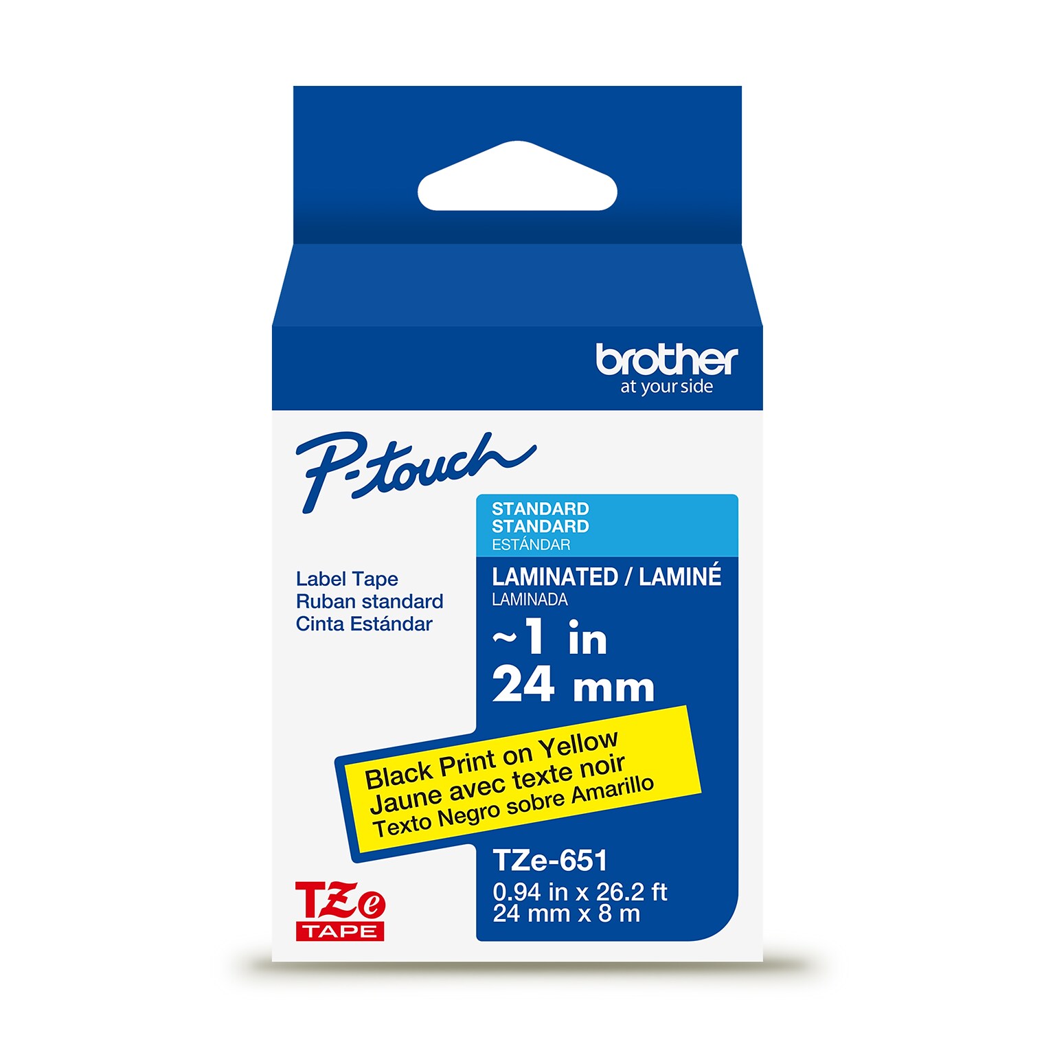Brother P-touch Laminated Label Tape, ~1 x 26.2, Black on Yellow (TZe651)