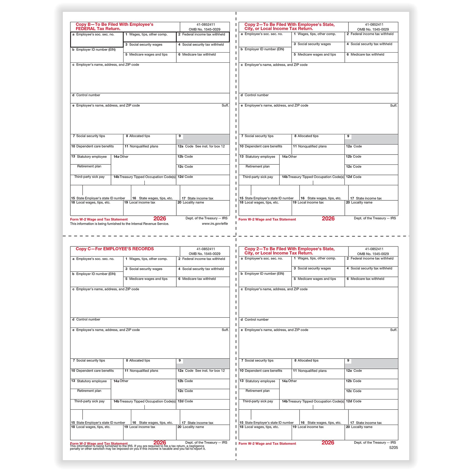 ComplyRight 2026 W-2 Tax Form, Employee’s Copies B, C, 2 & 2 Combined, 4-Up Box, 25/Pack (520525)