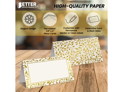 Better Office 2" x 3.5" White/Gold Table Tent Place Card, 100/Pack (64645-100PK)