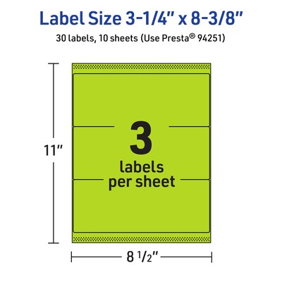 Avery Printable Rectangle Multipurpose Labels, 3-1/4" x 8-3/8", Bright Green, 30/Pack (94251)