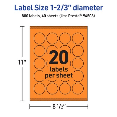 Avery Circle Multipurpose Labels, 1-2/3" Dia., Bright Orange, 800/Pack (94508)