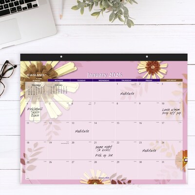 2026 AT-A-GLANCE Paper Flowers 21.75" x 17" Monthly Desk Pad Calendar, Pink/Brown (5035-26)