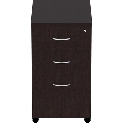 Lorell Essentials 3-Drawer Mobile Pedestal Cabinet, Letter/Legal Size, Lockable, 28.3H x 16W x 22D, Espresso/Silver Brush