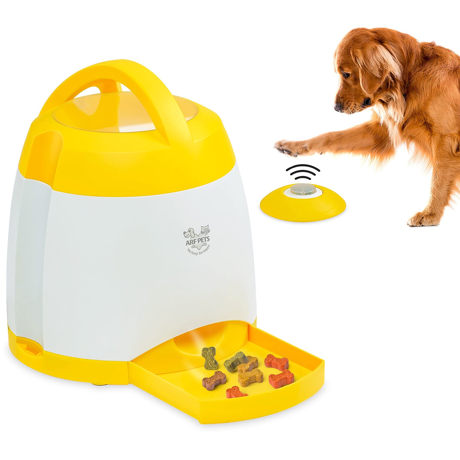 Arf Pets Dog Treat Dispenser w/ Button, Dog Memory Training Toy, Yellow/White (APTDT)