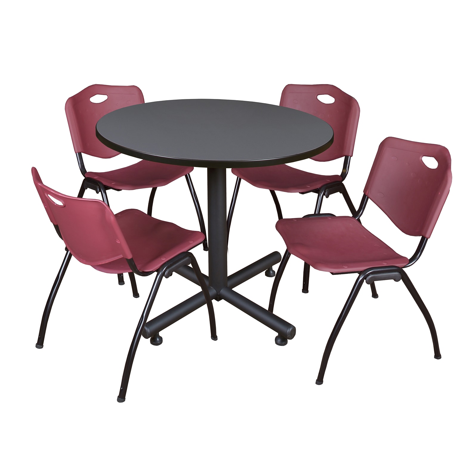 Regency 42 Laminate Round Table with 4 M Stacker Chairs, Burgundy and Gray (TKB42RNDGY47BY)