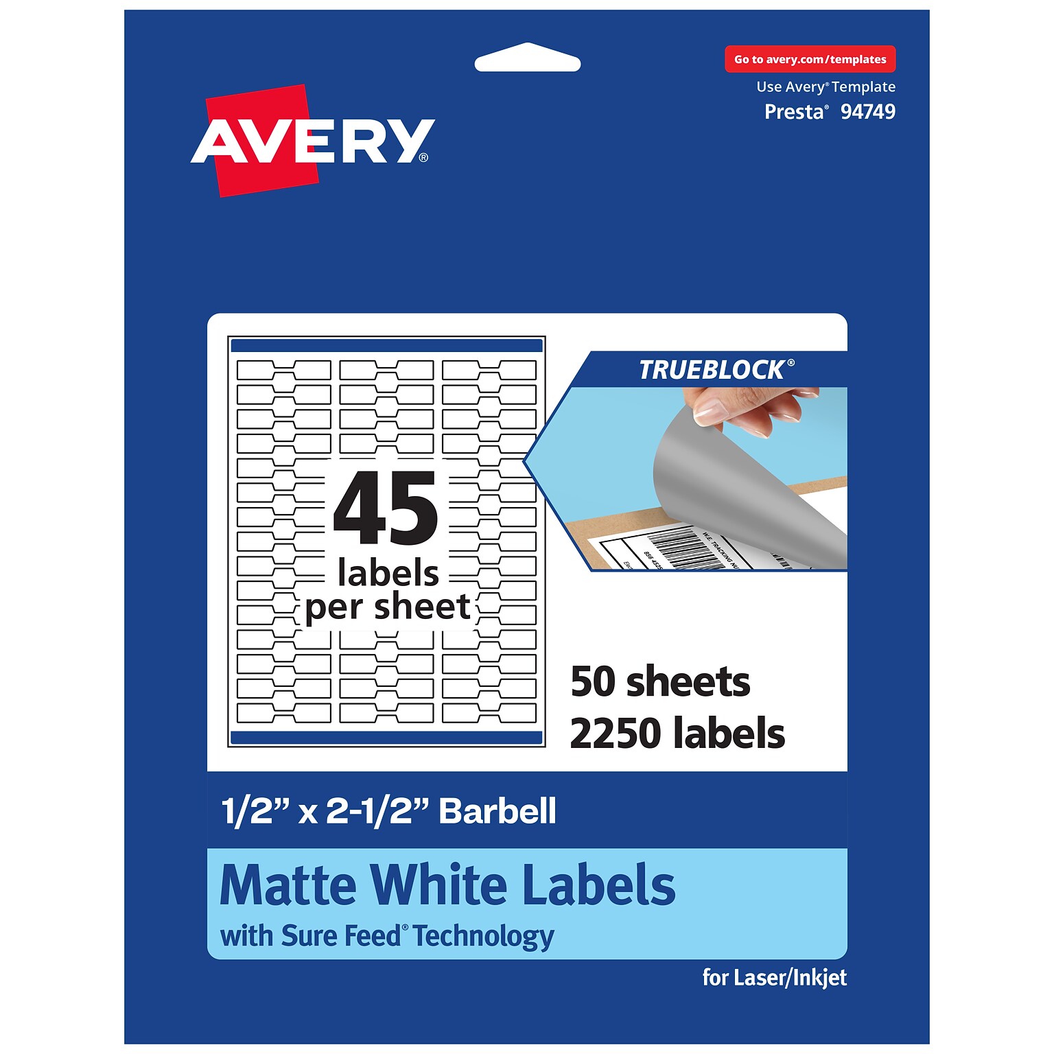 Avery TrueBlock Laser/Inkjet Decorative Edge Multipurpose Labels, 0.5 x 2.5, White, 2250/Box (94749)