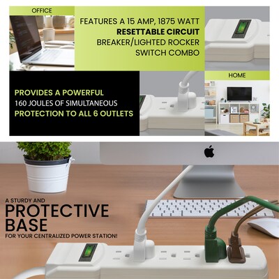 GoGreen Power 6 Outlet Surge Protector, 2.5' Cord, White (GG-16103MS)