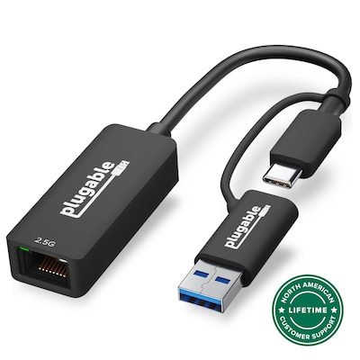 Plugable 2.5G USB C and USB to Ethernet Adapter, 2-in-1 Adapter