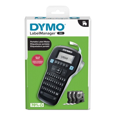 DYMO LabelManager 160, Portable Label Maker Bundle, QWERTY Keyboard, Large Display, Includes 3 D1 Cassettes (2175084)