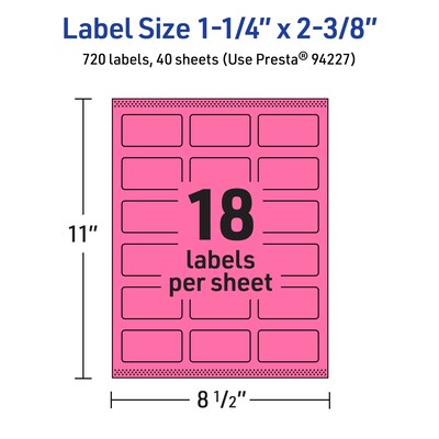 Avery Laser/Inkjet Rectangle Multipurpose Labels, 1-1/4" x 2-3/8", Bright Pink, 720/Pack (94227)