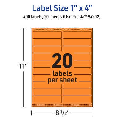 Avery Rectangle Multipurpose Labels, 1" x 4", Bright Orange, 400/Pack (94202)