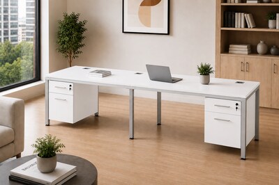 Boss Office Products Simple System 60"W Desk with Pedestal, White, 2/Set (SGSD006-201-WT)