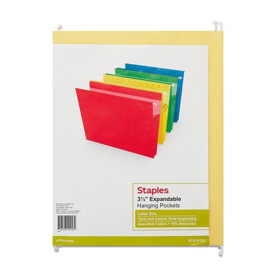 Staples Hanging File Folders, 3.5" Expansion, Stright Cut, Letter Size, Assorted Colors, 4/Pack (ST419192/419192)