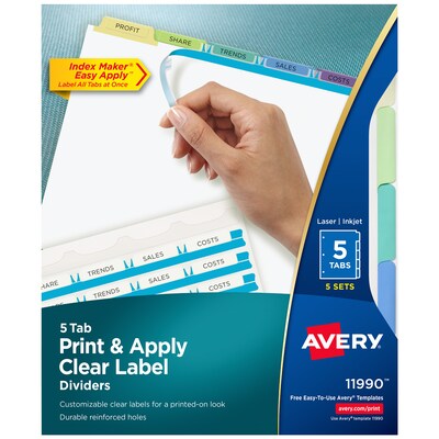 Avery Index Maker Print & Apply Label Paper Dividers, 5-Tab, Pastel Multicolor, 5 Sets/Pack (11990)