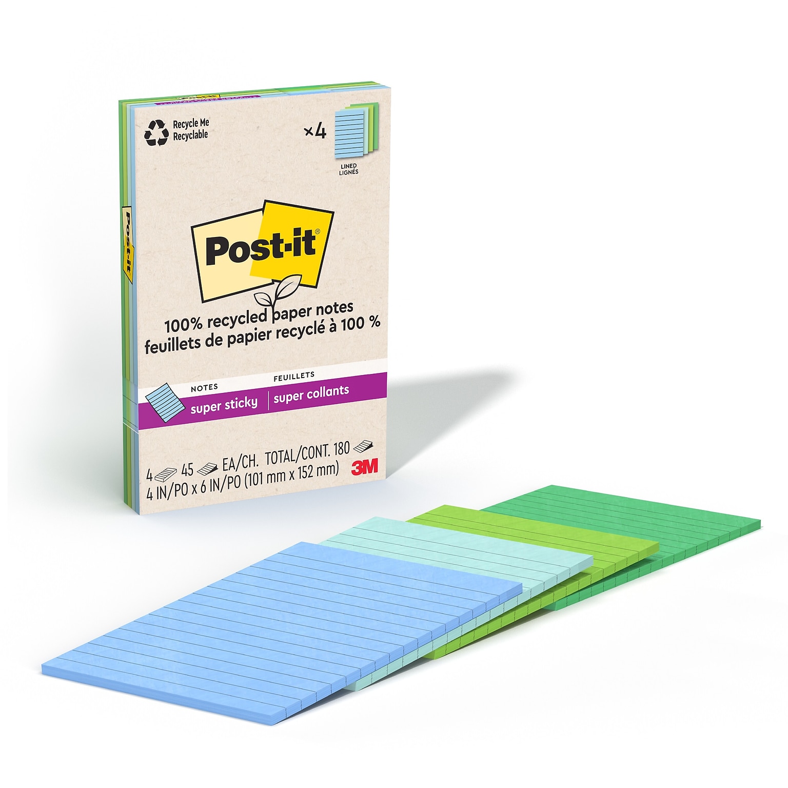 Post-it Recycled Super Sticky Notes, 4 x 6, Oasis Collection, 45 Sheets/Pad, 4 Pads/Pack (4621R-4SST)