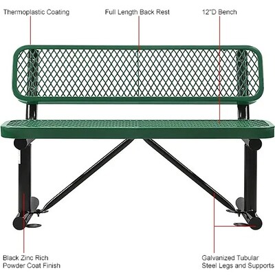Global Industrial 4' Outdoor Steel Bench w/ Backrest, Expanded Metal, Green (695743GN)