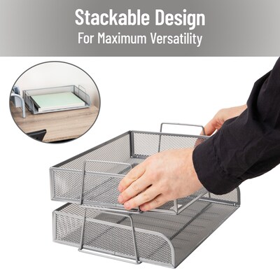Mind Reader Metal Side Loading Stackable Letter Tray, Letter Size, Silver, 2/Pack (DSTACK2-SIL)