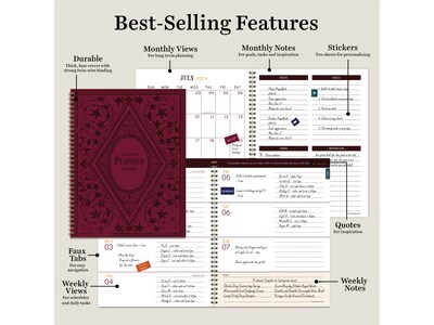 2024-2025 TF Publishing Bibliophile Series Merlot 8.5" x 11" Academic Weekly & Monthly Planner, Paperboard Cover, Red/Black