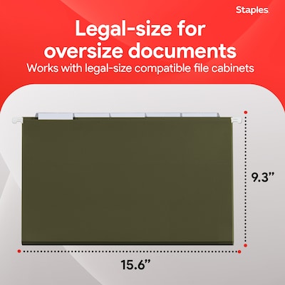 Staples 95% Recycled Hanging File Folder, 1/5-Cut Tab, Legal Size, Standard Green, 50/Box (ST490853/490853)