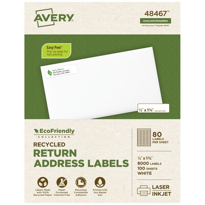 Avery EcoFriendly Laser/Inkjet Return Address Labels, 1/2 x 1-3/4, White, 8000 Labels/Pack (48467)