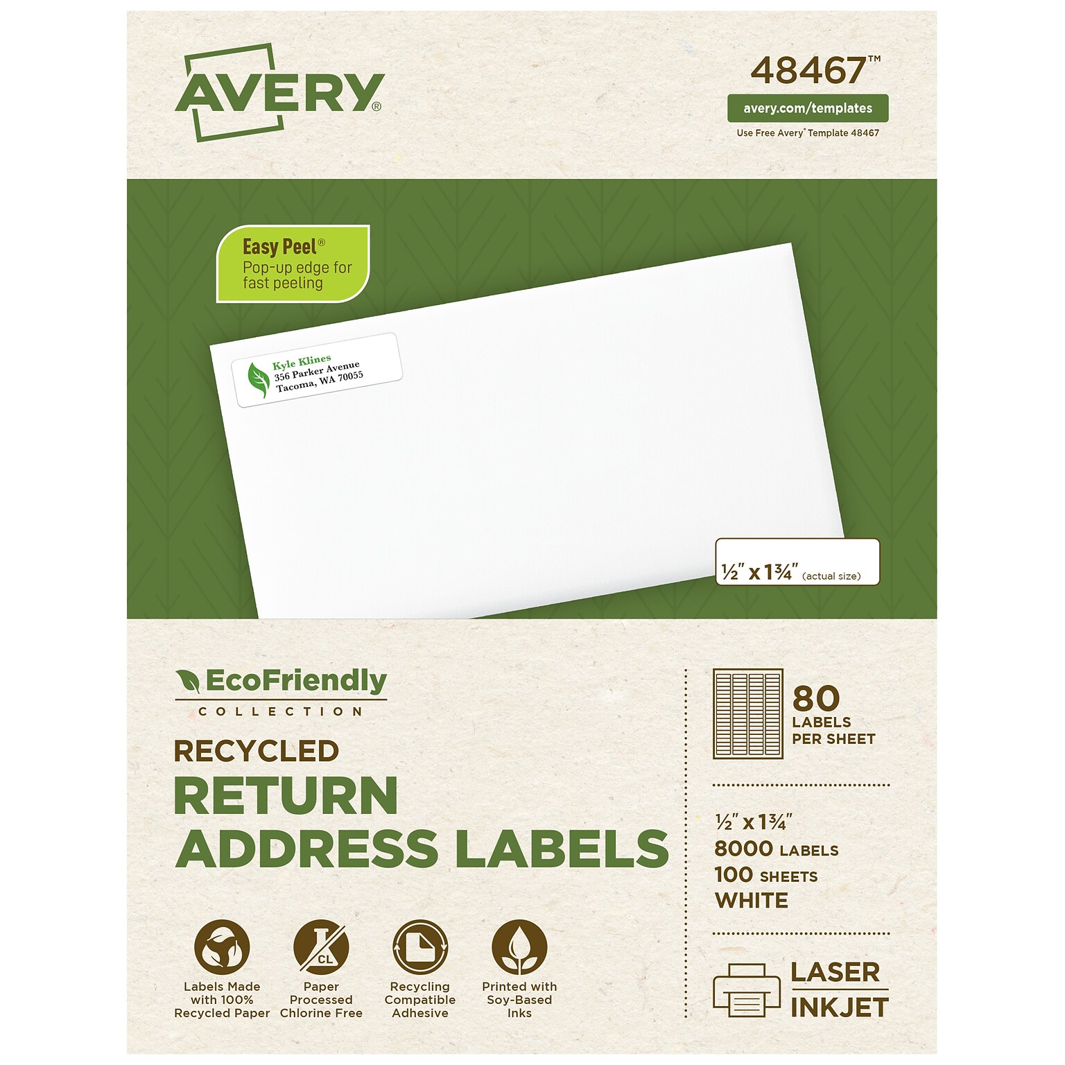 Avery EcoFriendly Laser/Inkjet Return Address Labels, 1/2 x 1-3/4, White, 8000 Labels/Pack (48467)